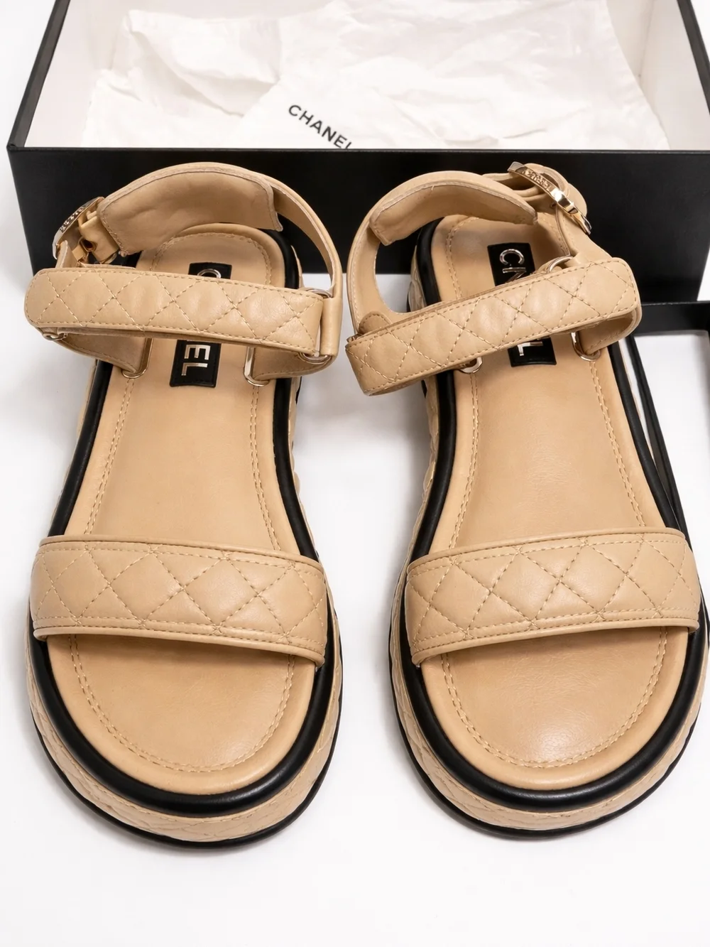 Chanel 22A Quilted Lambskin Platform Sandals - Beige/Black - Size 38C (New) - Picture 2 of 11